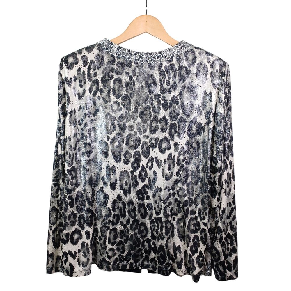 MSK Women 2X Plus Leopard Animal Print Metallic Chain Zip Front Top Glam Chic - Picture 3 of 12